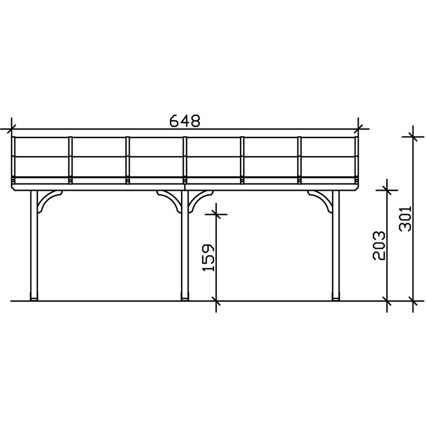 Technische Zeichnung der weißen Skan Holz Terrassenüberdachung Venezia mit Maßangaben.