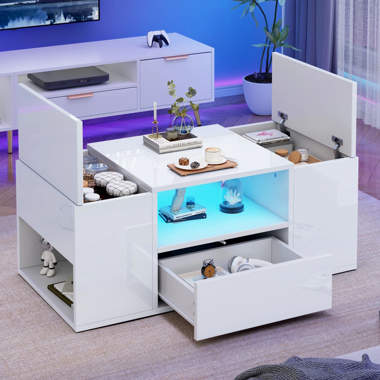 okwish Couchtisch mit LED Beleuchtung Schublade Stauraum Wohnzimmer 100x50x40cm Weiß_6