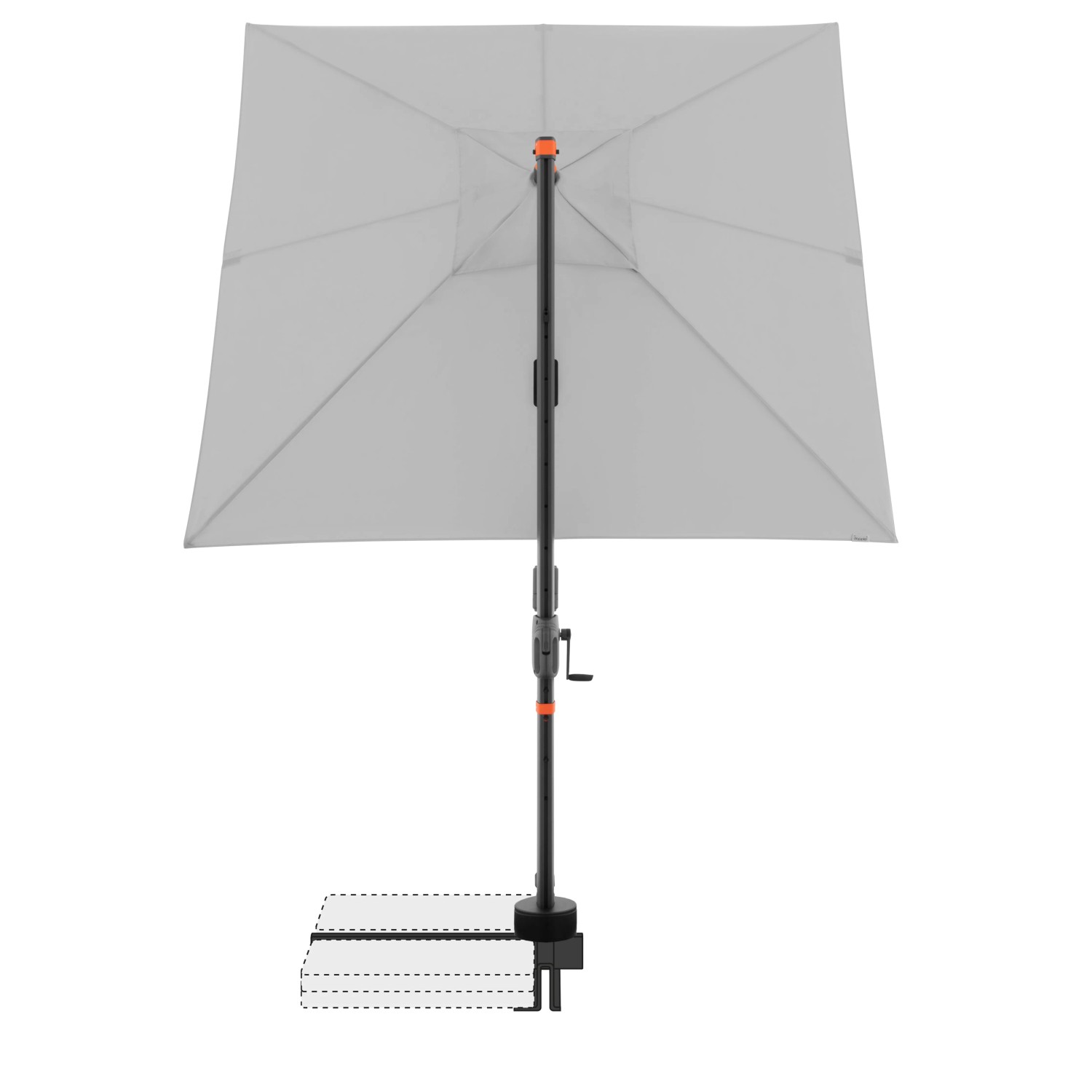 Quadratischer, hellgrauer Doppler Ampelschirm MyZone 210x210 cm mit Dreh- und Neigefunktion.