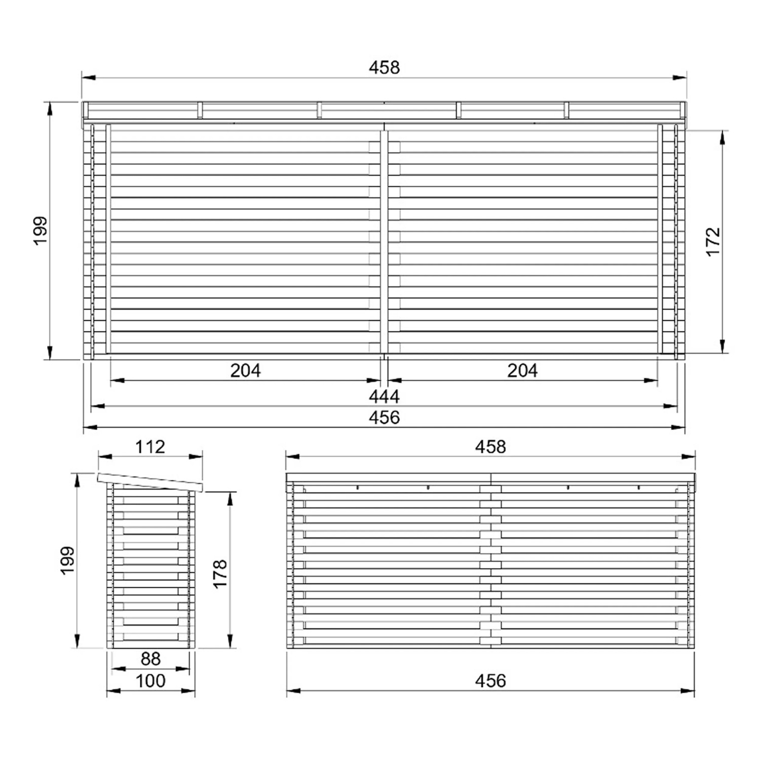 Technische Zeichnung des TIMBELA Brennholzregals M203 mit Maßangaben.