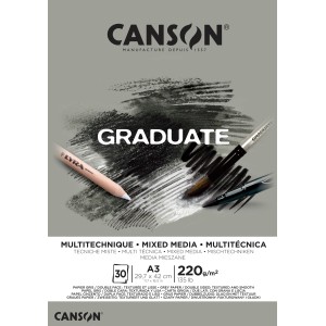 CANSON Graduate Mixed Media Block A3, grau, 30 Blatt, zweiseitig (glatt/gekörnt).