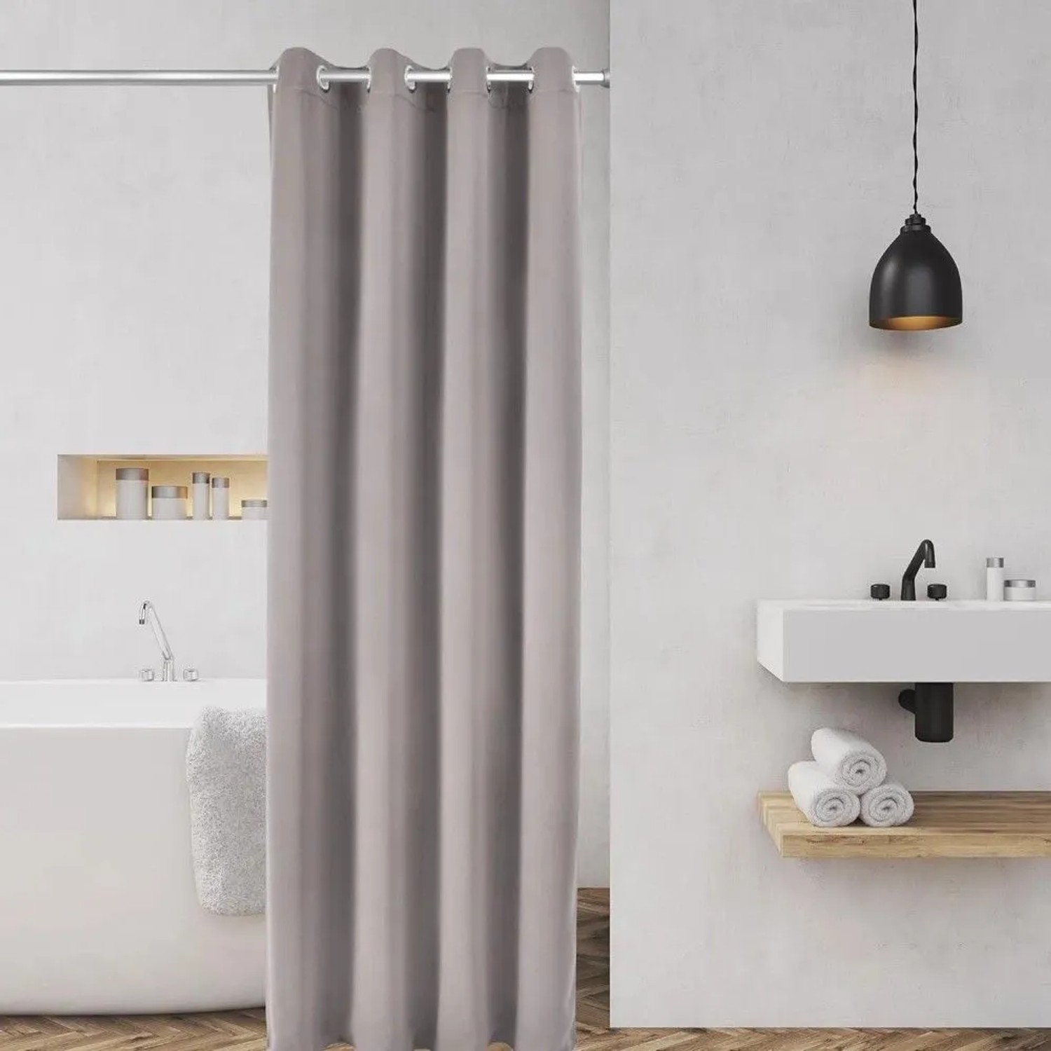 Bomoe Neptun Duschstange (70-120cm) aus Aluminium mit grauem Duschvorhang im Badezimmer.