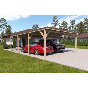 Doppelcarport Ralf aus Holz mit Blechdach in Dunkelbraun, zwei Autos darunter.