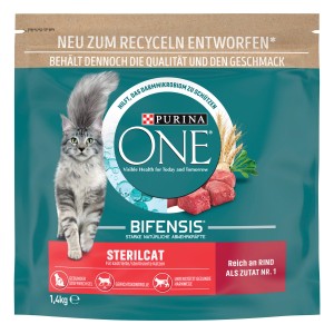 Purina One Sterilcat Katzenfutter mit Rind, 1,4kg Beutel. Trockenfutter für kastrierte Katzen.