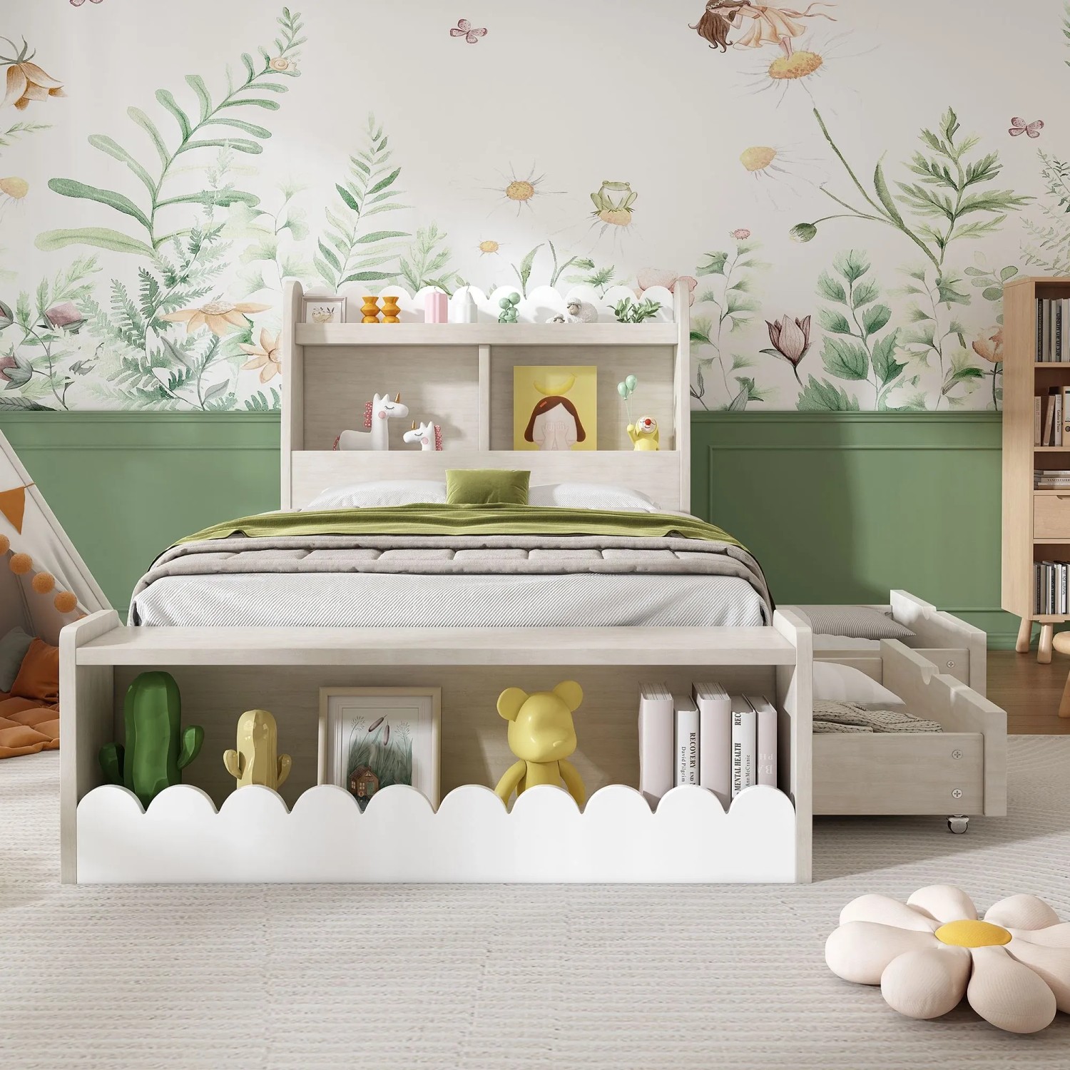 okwish Kinderbett 90x190cm mit Schubladen und Sitzbank Kinderzimmer Weiß ohne Matratze_3