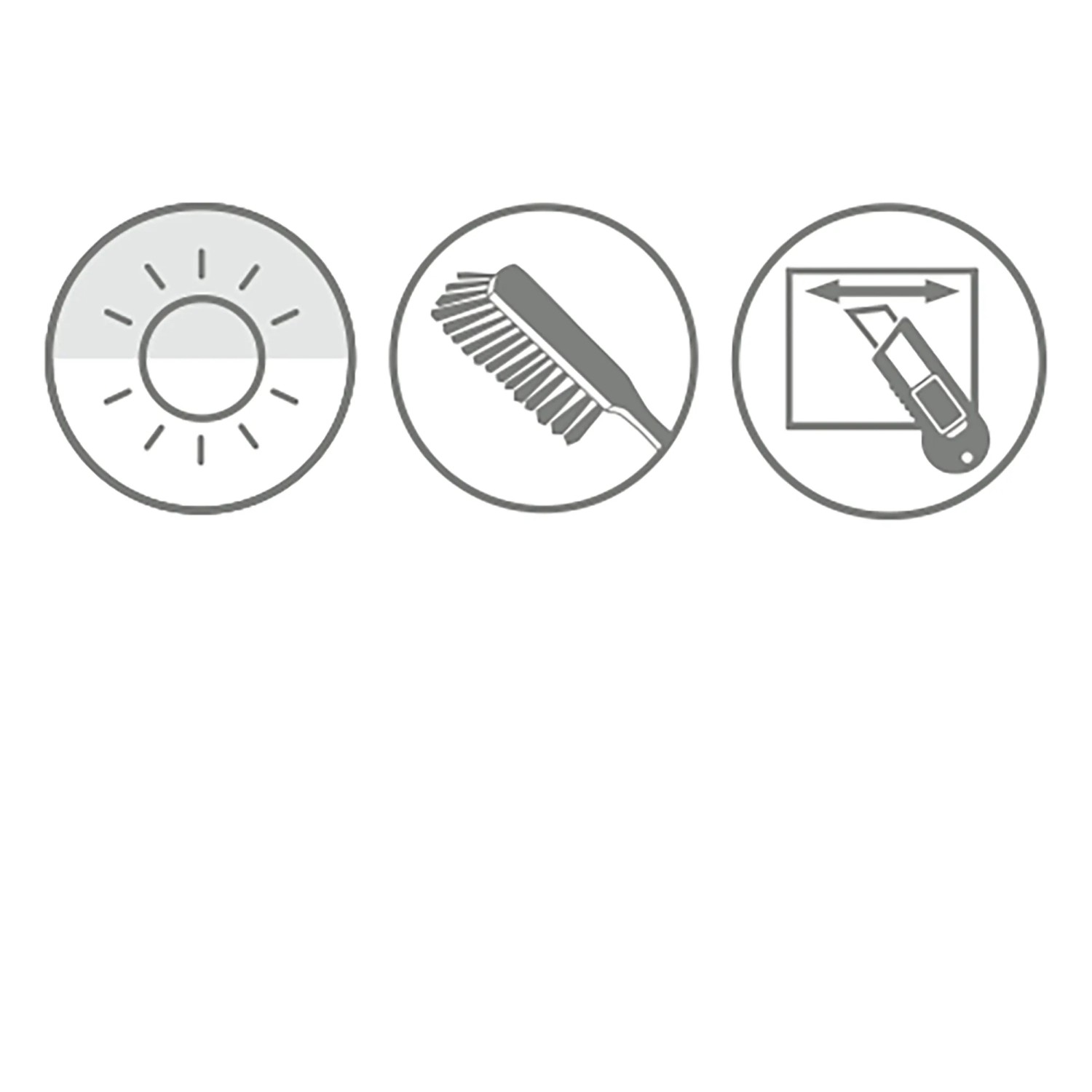 Symbole für Eigenschaften des Gardinia Rollos: Lichtdurchlässigkeit, Reinigung, Zuschneidbarkeit.