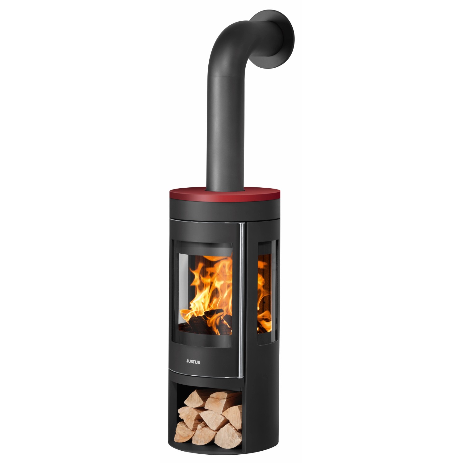 Justus Kaminofen Mino Trios 2.0, Stahl schwarz, Abdeckplatte Bordeaux, mit Holzscheiten und Flammen.