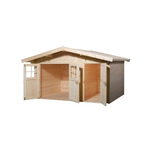 Unbehandeltes Weka Holz-Gartenhaus Lago mit Satteldach und geöffneten Doppeltüren.