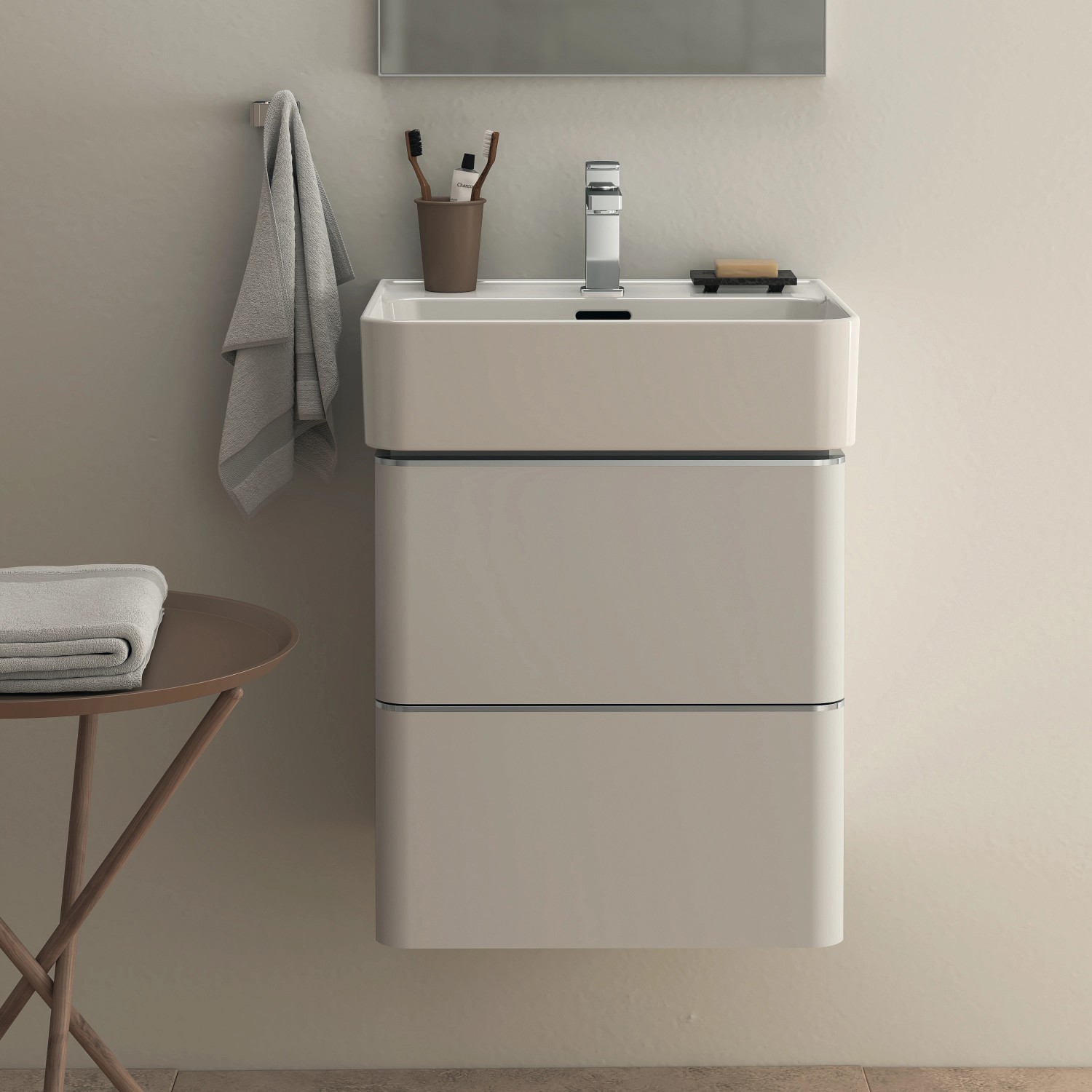 Ideal Standard Waschbeckenunterschrank Adapto, weiß hochglanz, 47 cm breit, mit zwei Schubladen.