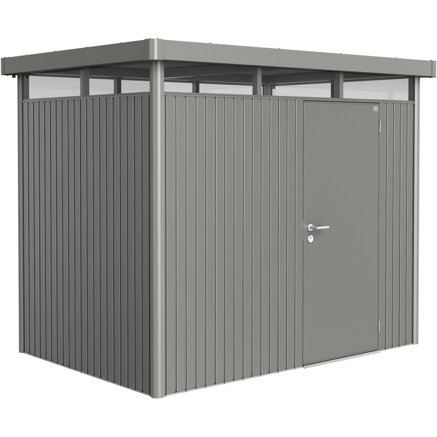 Biohort HighLine Metall-Gerätehaus, 4,6 m², Quarzgrau-Metallic mit Einzeltür.