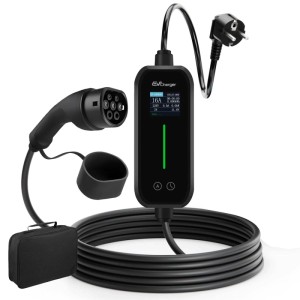 Junsun 6m Typ 2 EV Ladekabel 3kW mit Display. Schwarzes Kabel, Stecker und Tasche für Elektrofahrzeuge.