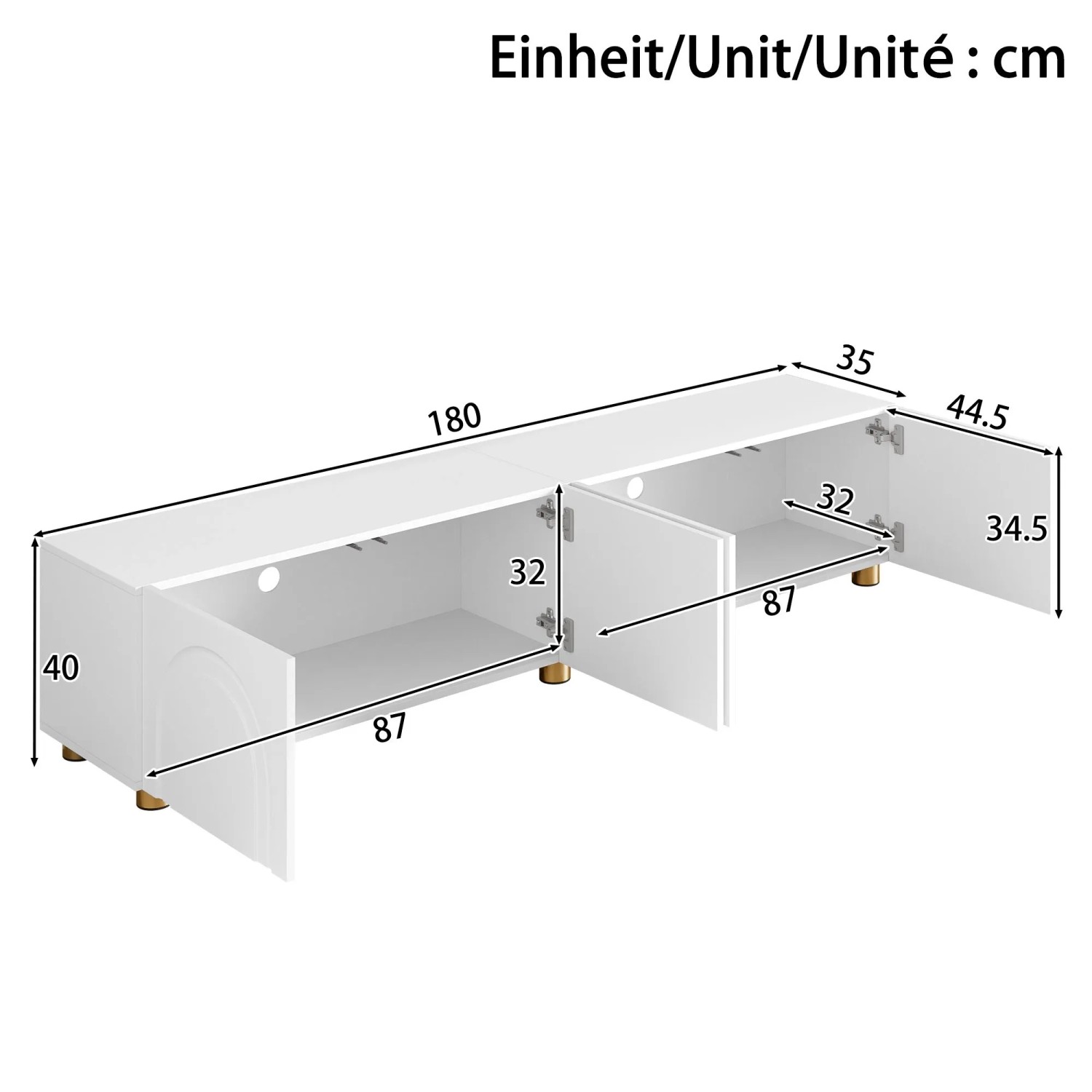 okwish TV-Schrank Lowboard mit Bogenrelief 4 Türen Metallfüße Wohnzimmer 180x35x40cm Weiß_5