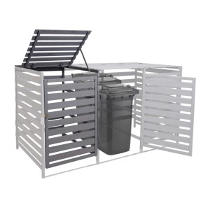 MCW Mülltonnenbox Erweiterung H62 hellgrau, 114x67x97cm, mit Mülltonne und geöffnetem Deckel.