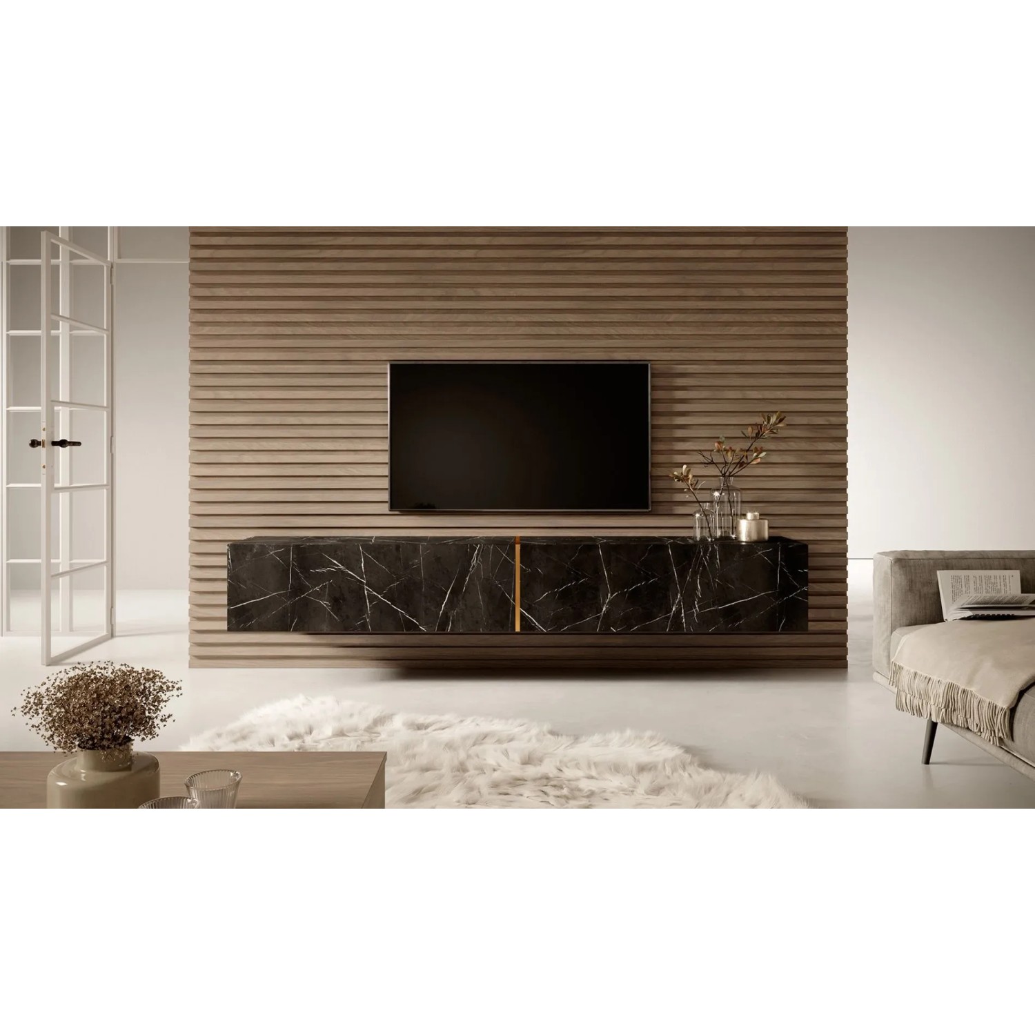 Selsey TV-Hängeboard Bisira in schwarzer Marmoroptik mit goldenem Einsatz, modern im Wohnzimmer.
