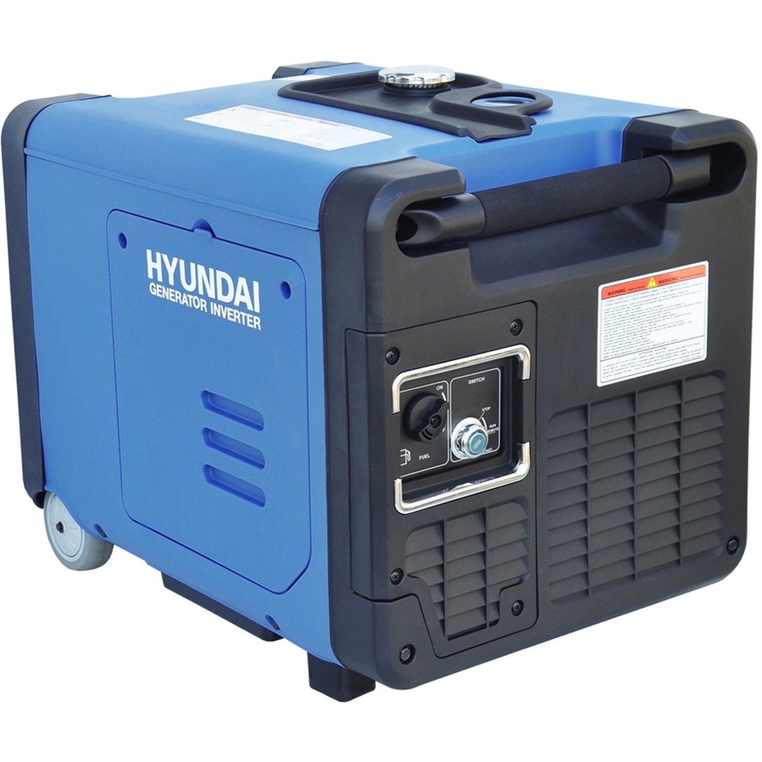 Blauer Hyundai Inverter-Generator HY4500SEi D, ein kompakter Stromerzeuger mit Rädern und Tragegriff.
