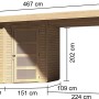 Karibu Holz-Gartenhaus Linköbing Natur, unbehandelt, mit Maßangaben.