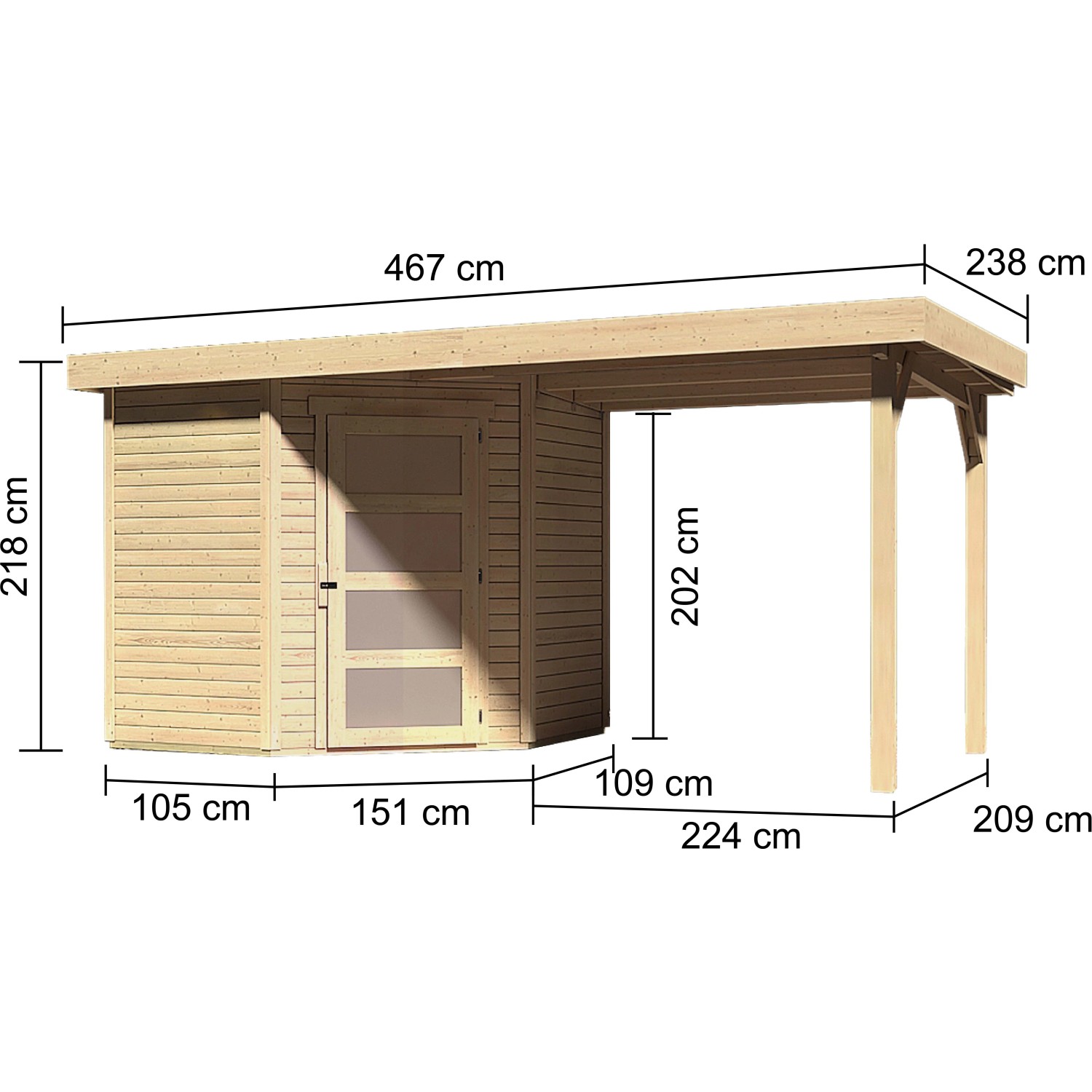 Karibu Holz-Gartenhaus Linköbing Natur, unbehandelt, mit Maßangaben.