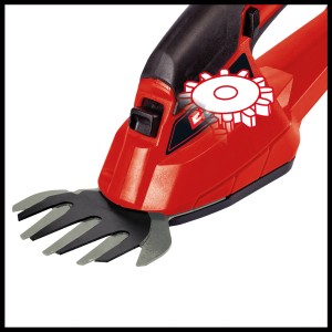 Einhell Akku-Grasschere GC-AGS 18 Li Solo: Rote Grasschere mit Metallgetriebe und Grasschneideblatt.