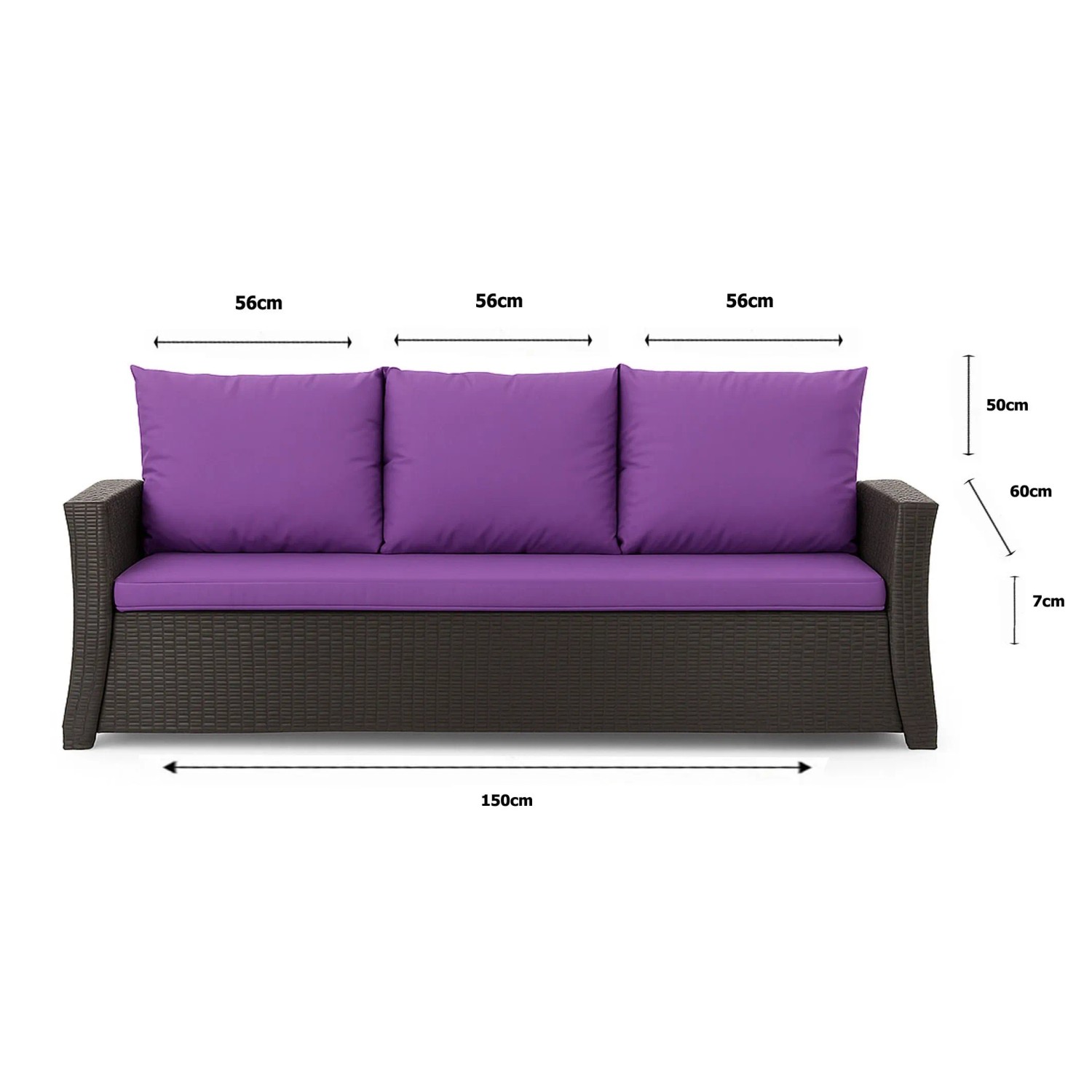 Violettes Gartenkissen-Set für 3-Sitzer Polyrattan-Gartensofa, 150x60x50 cm.