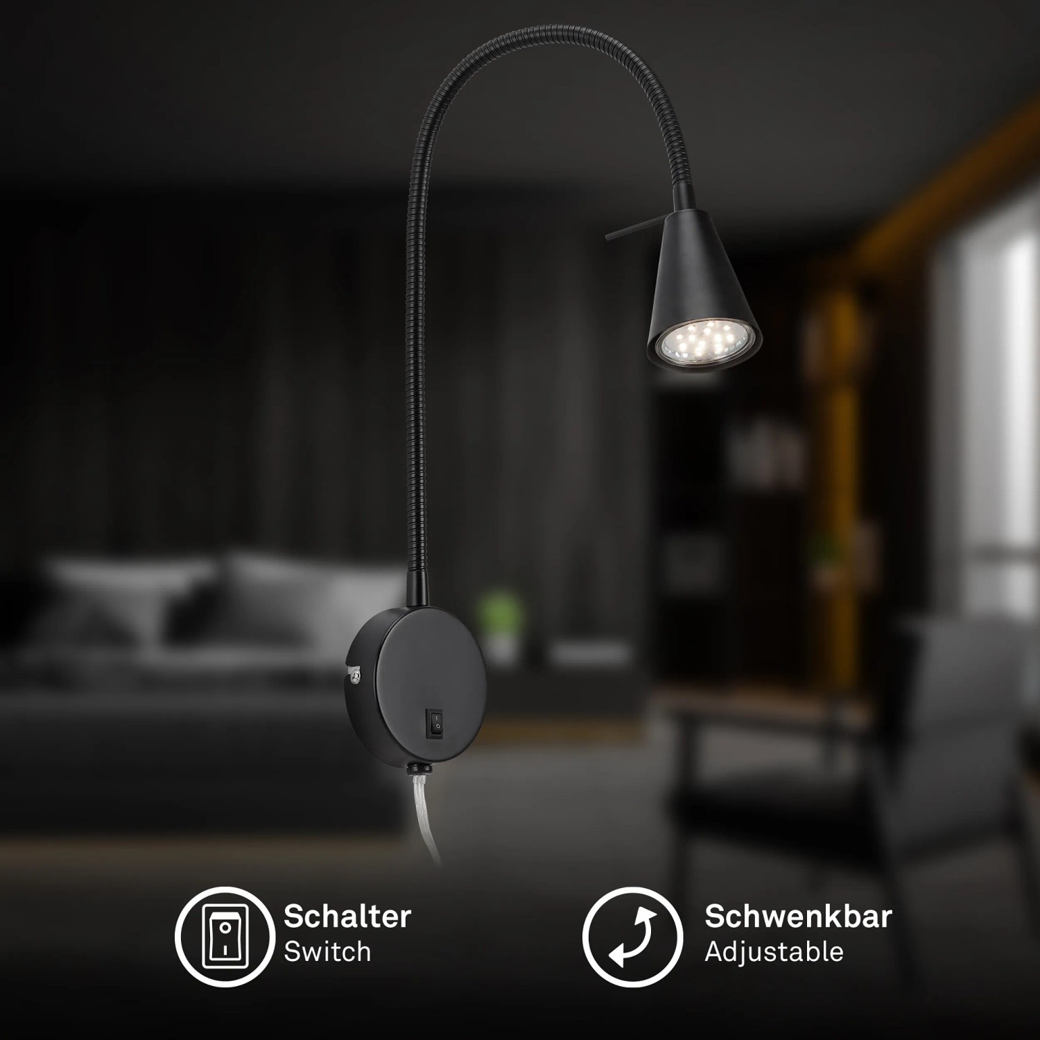 Schwarze Briloner LED Bettleuchte Tusa, schwenkbar, warmweiß, ideal als Nachttischlampe.