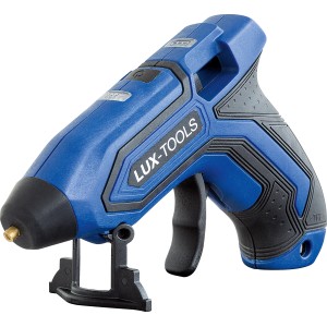 Blaue LUX Akku-Heißklebepistole AHKP-3,6/1,7 mit Ständer und ergonomischem Griff.