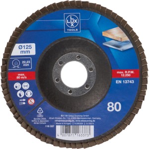 LUX Fächerschleifscheibe Multi Ø 125 mm, K80 für Winkelschleifer. Zum Schleifen von Metall, Holz und Kunststoff.