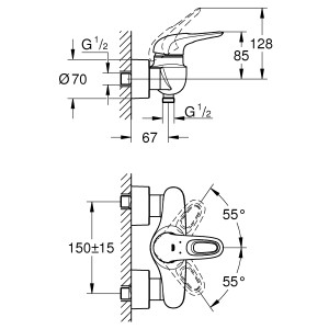 Technische Zeichnung: Grohe Eurostyle Brausearmatur, Chrom, mit Maßangaben.