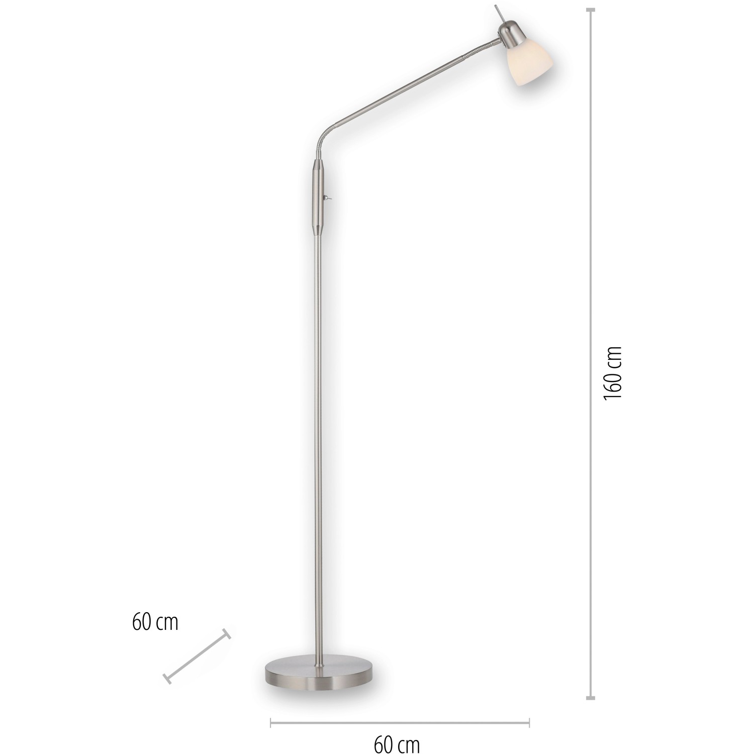 Stahlfarbene Design-Stehlampe Karo von Just Light, 118-159,5 cm hoch, mit Opalglasschirm.