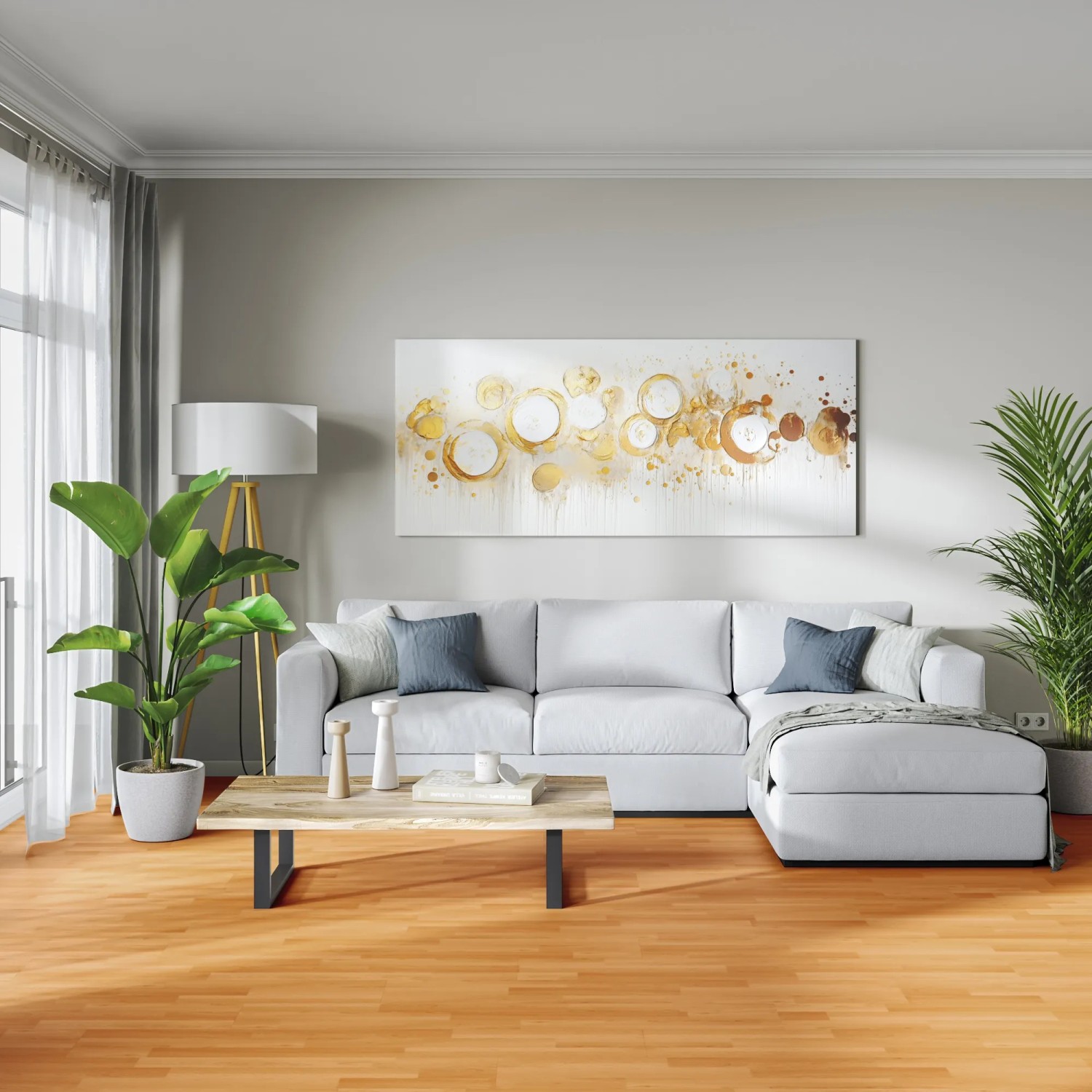 Verlegter Laminatboden Buche 6 mm in Wohnraum-Szene, helle Holzoptik.