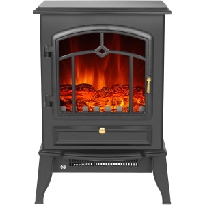 Schwarzer El Fuego Elektrokamin Como mit Heizung und simuliertem Flammenspiel.