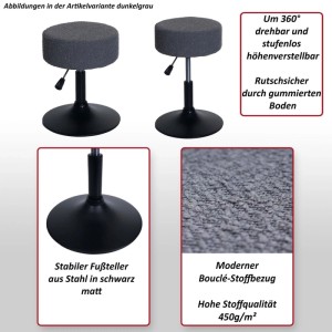 2er-Set Hocker, grau, mit Bouclé-Stoffbezug, höhenverstellbar und drehbar. Stahlfuß schwarz matt.