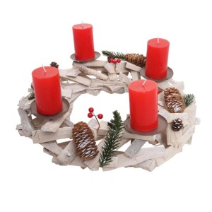 Adventskranz aus Holz, weiß-grau, Ø 40cm, mit vier roten Kerzen und Deko.