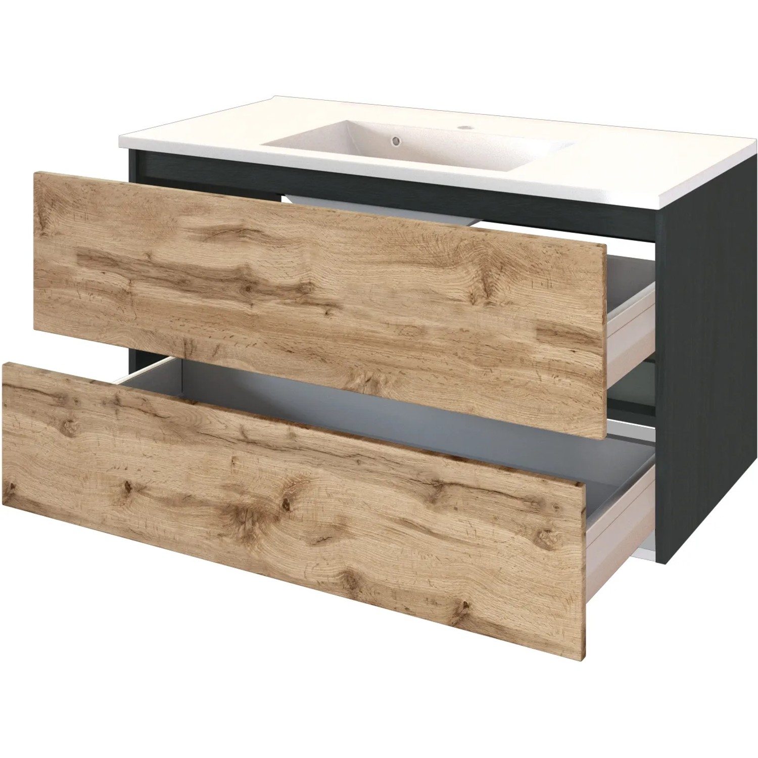 Held Möbel Einzelwaschtisch Bari 100 cm, Eiche Natur Matt, mit zwei offenen Schubladen.
