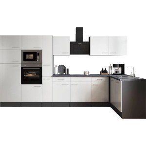 Respekta Winkelküche Oliver 370 cm Weiß mit E-Geräten und Spüle.