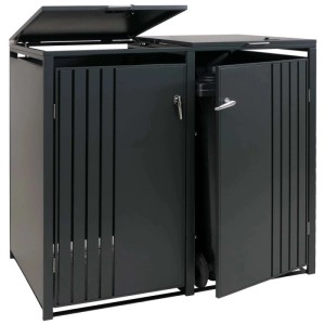 Anthrazitfarbene MCW Mülltonnenverkleidung für 2 Tonnen, 122x132x84cm, mit geöffneten Türen und Deckel.