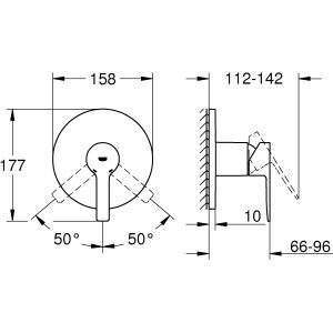 Technische Zeichnung der Grohe Lineare Einhand-Brausebatterie in Supersteel mit Maßangaben.