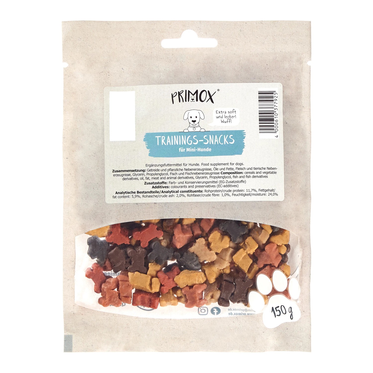 Primox Trainingssnack Mini Mix 150g für Hunde, verschiedene Farben und Formen.