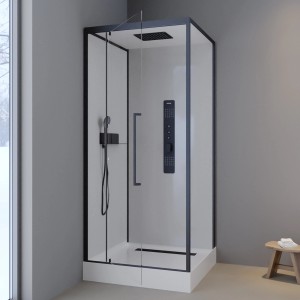 Aurlane Komplettdusche Urban 2 Square 90x90 cm mit schwarzem Rahmen, Kopf- und Handbrause.