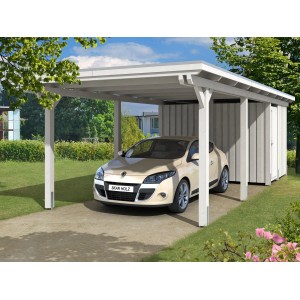 Skan Holz Einzelcarport Leimholz Weiß 354 cm x 846 cm mit Abstellraum