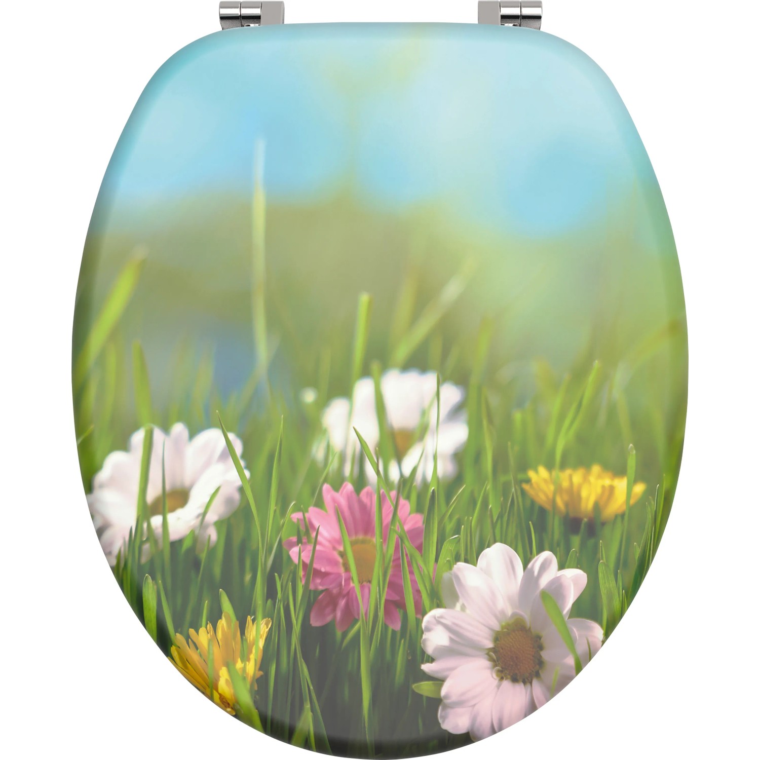 WC-Sitz Surumu mit Blumenwiese Dekor auf Holzkern. Toilettendeckel mit Metallscharnieren.