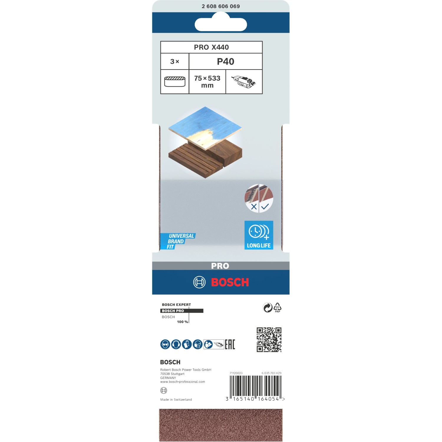 Bosch Schleifband Pro, 75x533mm, Korn 40, 3er-Pack. Zubehör für Bandschleifer.