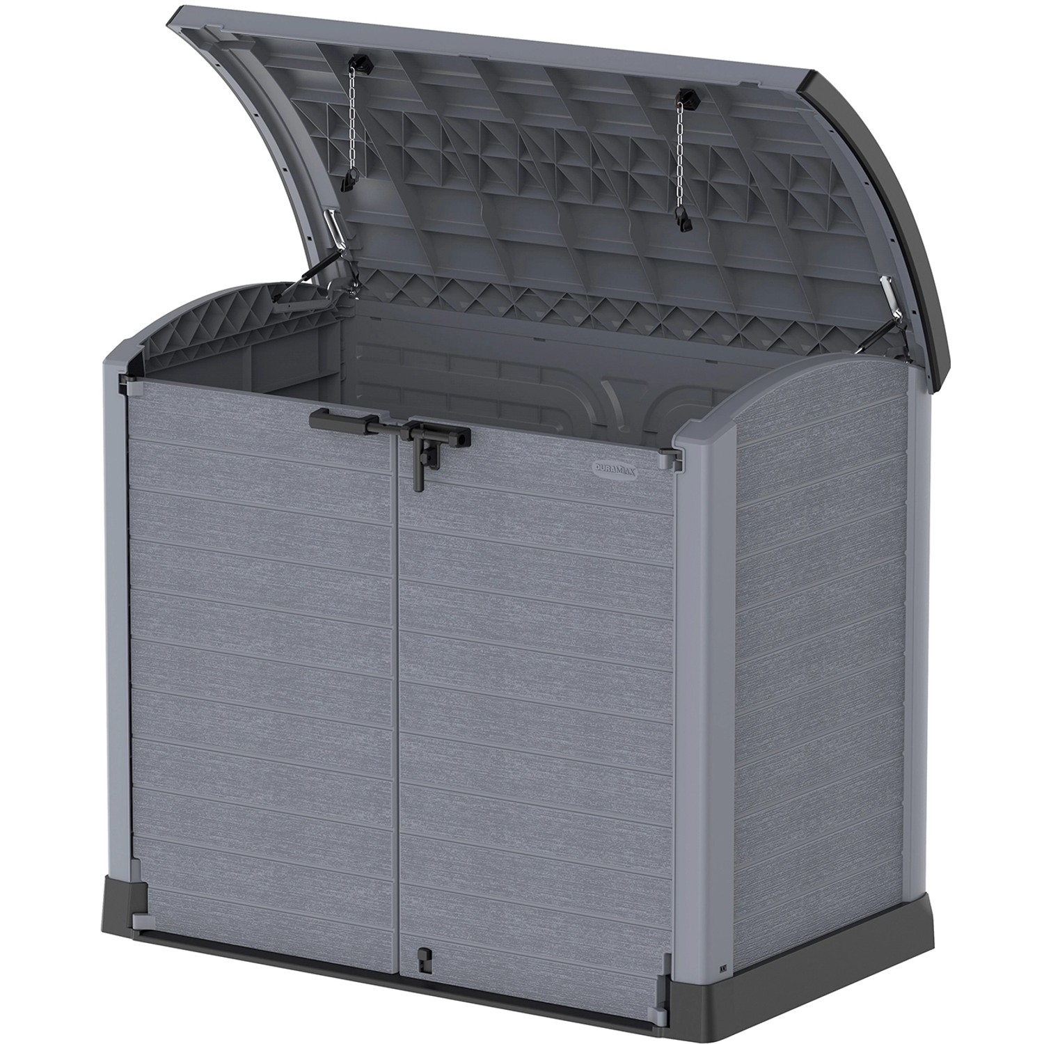 Geöffnete Duramax StoreAway ARC Universalbox, 1200 l, anthrazit. Kunststoffbox für Garten, Terrasse oder Garage.