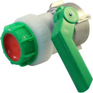 Kugelhahn 80 mm für IBC Tank, Zubehör für Regentonnen mit grünem Griff und rotem Verschluss.
