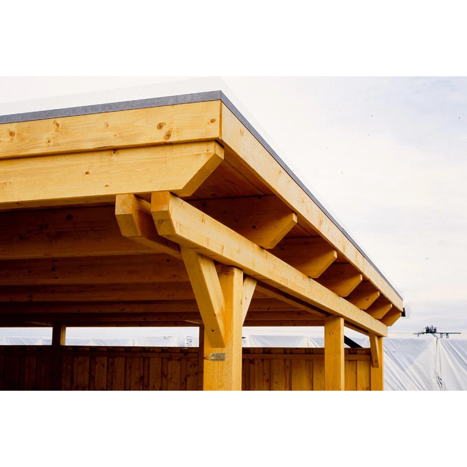 Detailansicht des Skan Holz Carport Emsland mit Abstellraum in Nussbaum, Holzkonstruktion.