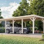 Grau tauchgrundierter Palmako Einzelcarport Karl mit Auto im Garten.