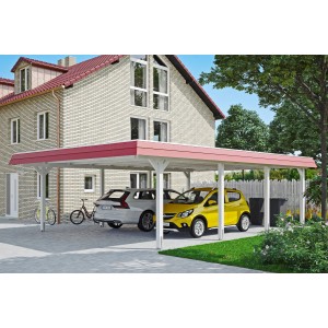 Weißer Skan Holz Doppelcarport Wendland mit roter Blende und zwei geparkten Autos.