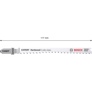 Bosch Expert T308BFP Stichsägeblatt für Laminat, saubere Schnitte oben/unten, 117mm Länge.