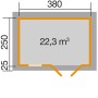 Grundriss Weka Holz-Gartenhaus Satteldach, 300 cm, mit Maßen und Volumenangabe.