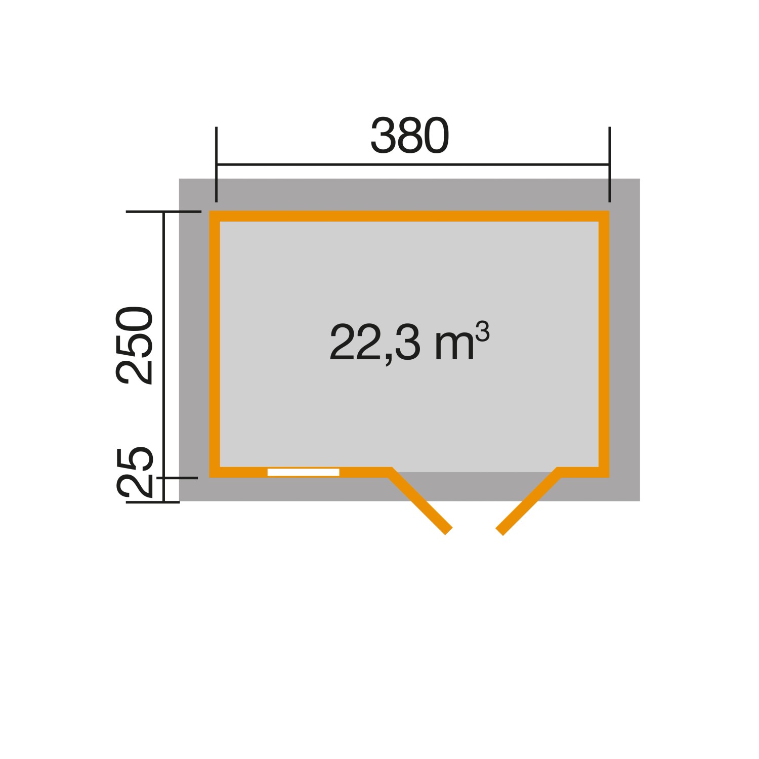 Grundriss Weka Holz-Gartenhaus Satteldach, 300 cm, mit Maßen und Volumenangabe.