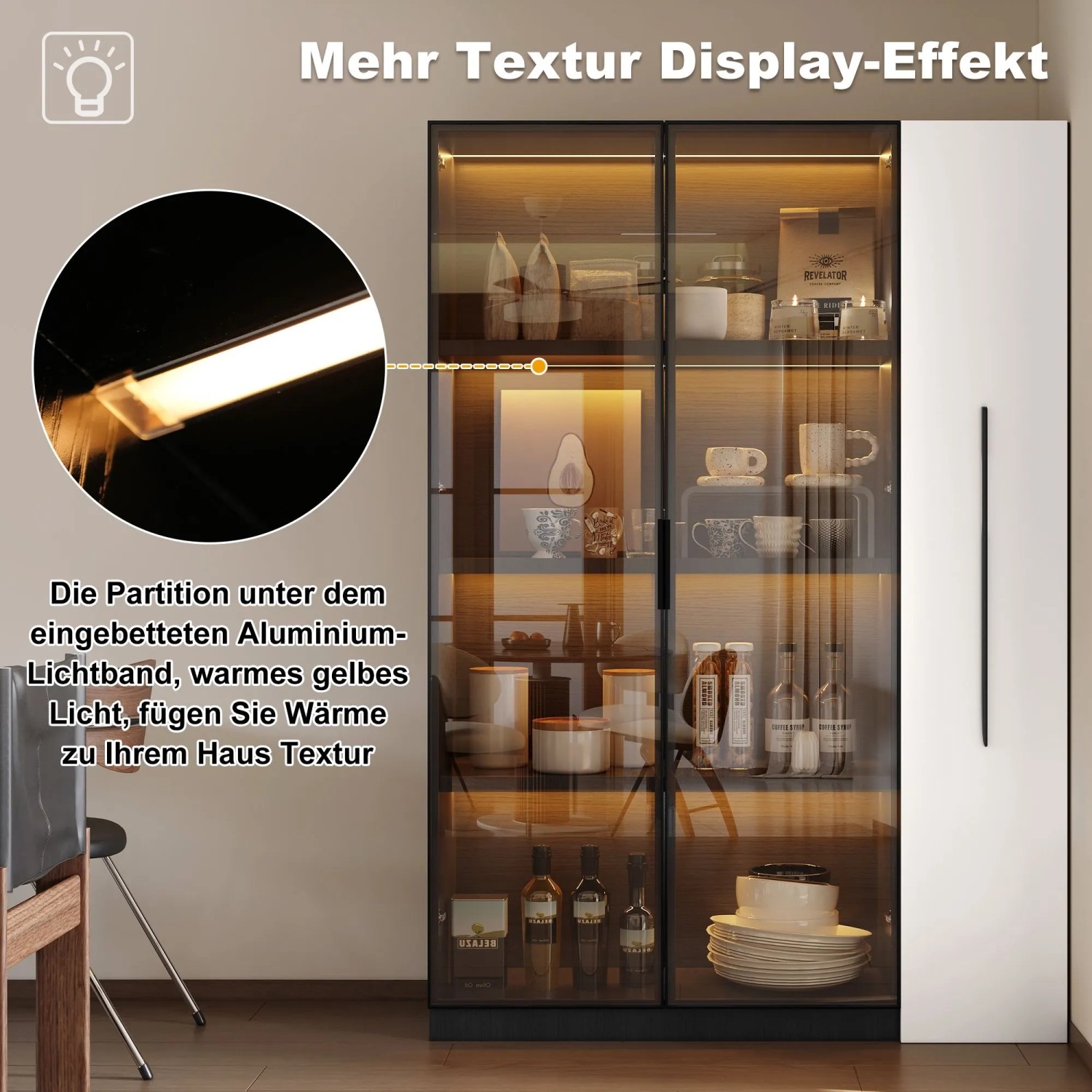 okwish Vitrine mit LED Glastür Rollschrank Esszimmer 110x35x160cm Weiß Schwarz_10